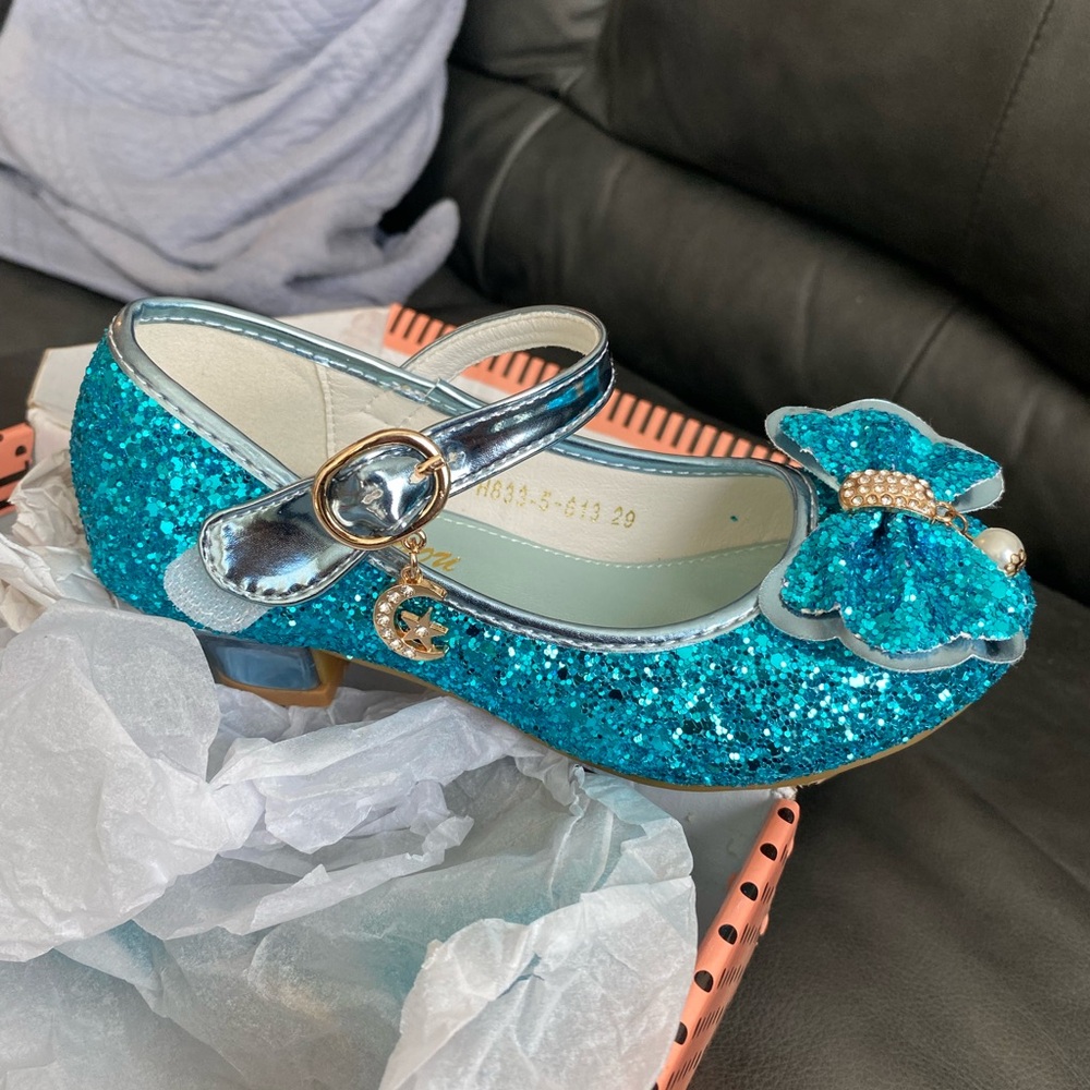 Glittery Teal Kids Dress Shoes with Bow